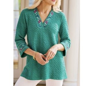 Soft Surroundings Boho Zalamaya Quilted and  Embroidered Tunic Top Green Sz L